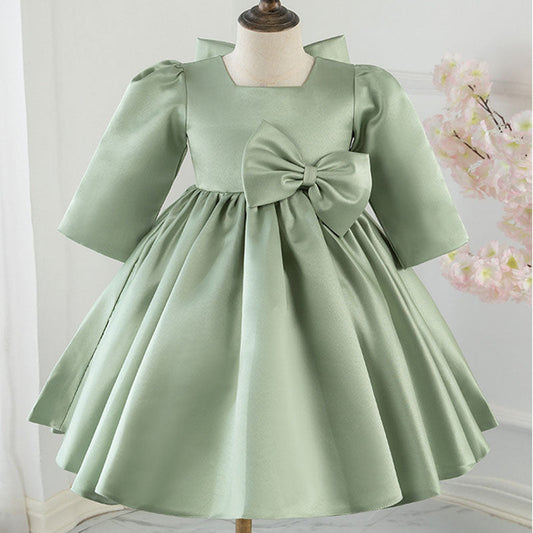 Sage Green Princess Flower Girl Dress Bow Pleated 1/2 Sleeve