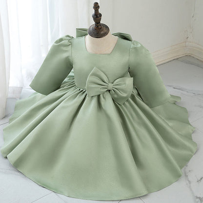 Sage Green Princess Flower Girl Dress Bow Pleated 1/2 Sleeve