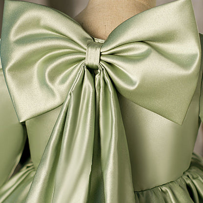 Sage Green Princess Flower Girl Dress Bow Pleated 1/2 Sleeve