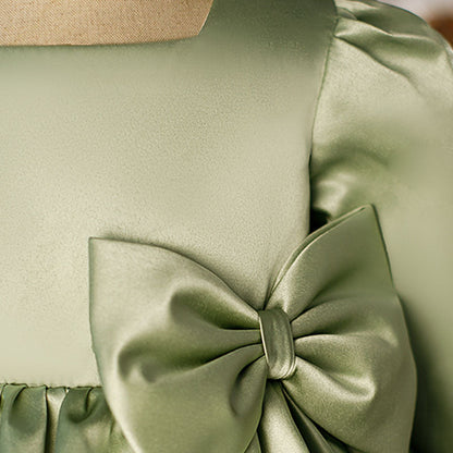 Sage Green Princess Flower Girl Dress Bow Pleated 1/2 Sleeve
