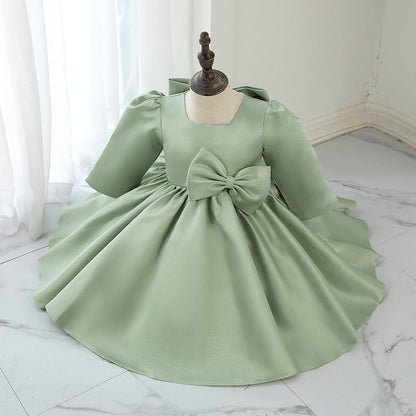 Sage Green Princess Flower Girl Dress Bow Pleated 1/2 Sleeve
