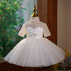 Champagne Sequin Tulle A-Line Dress with Bow & 1/2 Sleeves