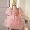 Pink Sequin Tulle A-Line Dress with Puff 1/2 Sleeves