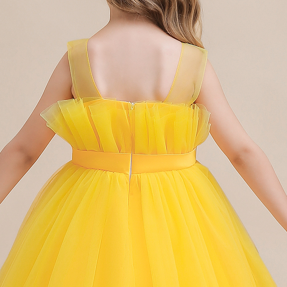 Robe de demoiselle d'honneur en tulle de princesse ronde et longue au sol en jaune