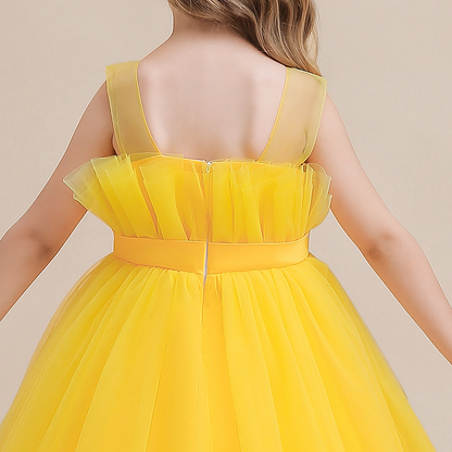 Robe de demoiselle d'honneur en tulle de princesse ronde et longue au sol en jaune