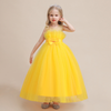 Robe de demoiselle d'honneur en tulle de princesse ronde et longue au sol en jaune