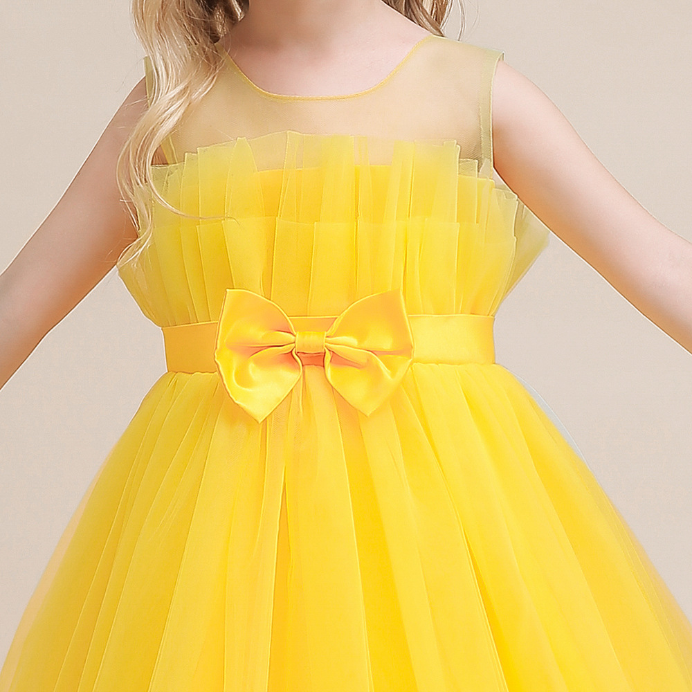 Robe de demoiselle d'honneur en tulle de princesse ronde et longue au sol en jaune