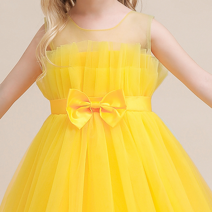 Robe de demoiselle d'honneur en tulle de princesse ronde et longue au sol en jaune