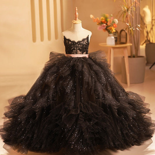 A-Line Black Lace & Tulle Flower Girl Dress with Sequins - Princess Formal Gown