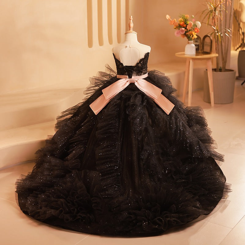 A-Line Black Lace & Tulle Flower Girl Dress with Sequins - Princess Formal Gown