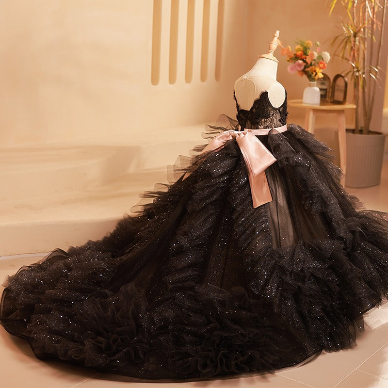 A-Line Black Lace & Tulle Flower Girl Dress with Sequins - Princess Formal Gown