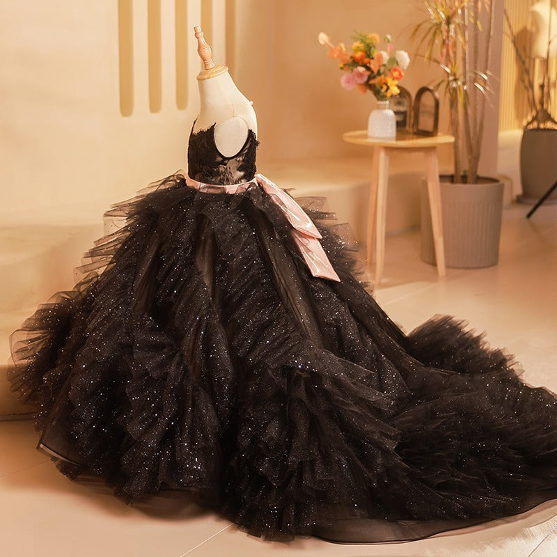 A-Line Black Lace & Tulle Flower Girl Dress with Sequins - Princess Formal Gown