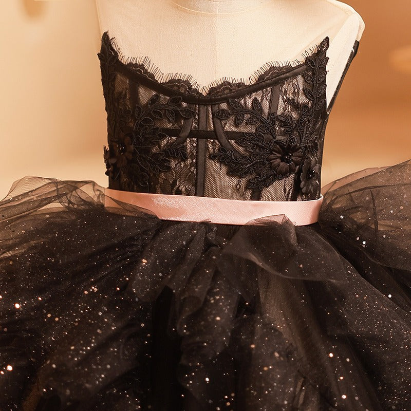 A-Line Black Lace & Tulle Flower Girl Dress with Sequins - Princess Formal Gown