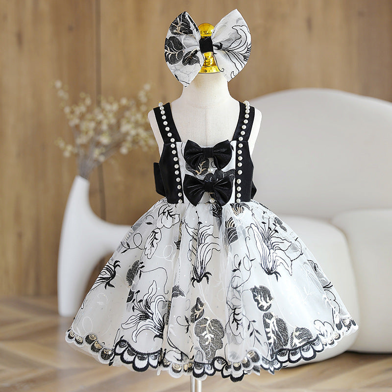 A-Line Black Flower Girl Dress with Sweetheart Neckline, Bow & Sequins
