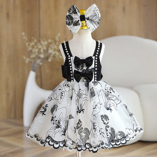A-Line Black Flower Girl Dress with Sweetheart Neckline, Bow & Sequins
