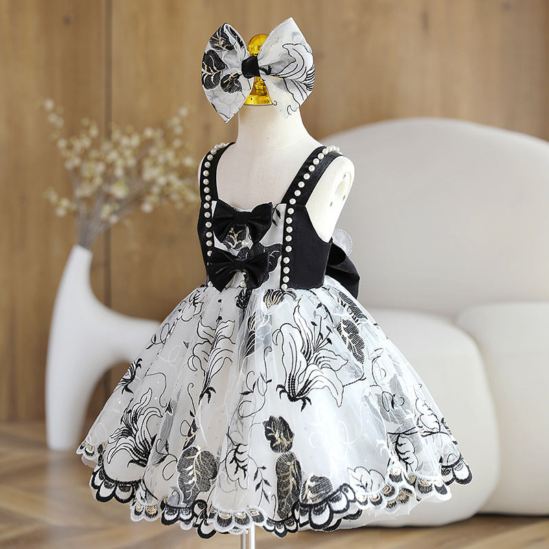A-Line Black Flower Girl Dress with Sweetheart Neckline, Bow & Sequins