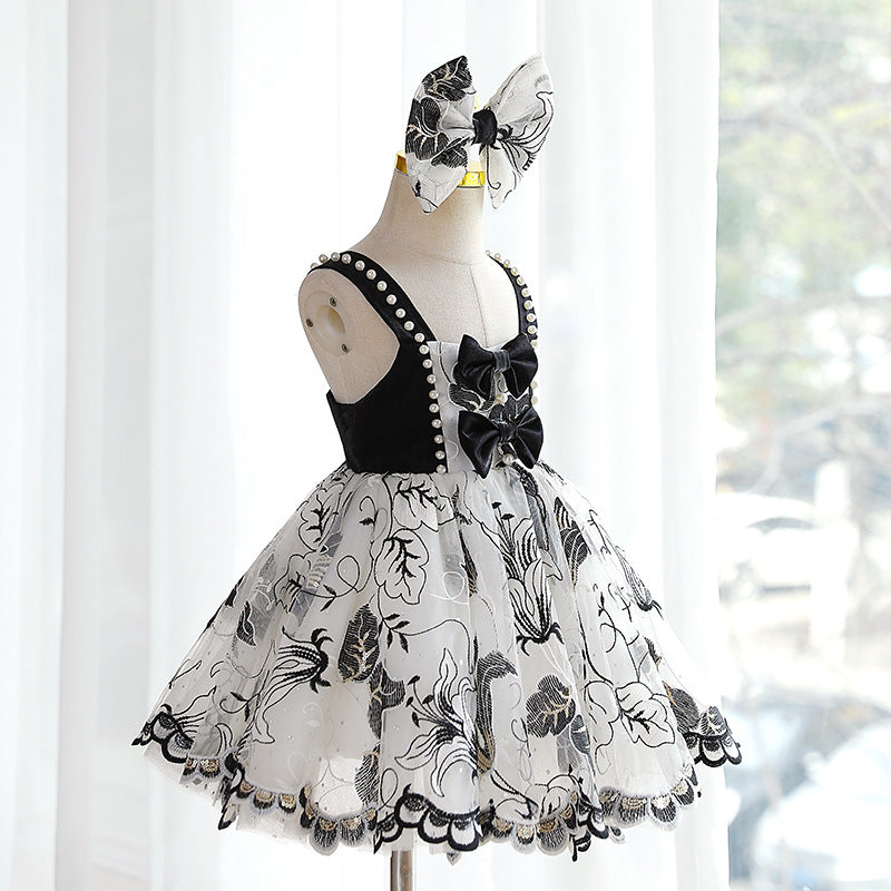 A-Line Black Flower Girl Dress with Sweetheart Neckline, Bow & Sequins