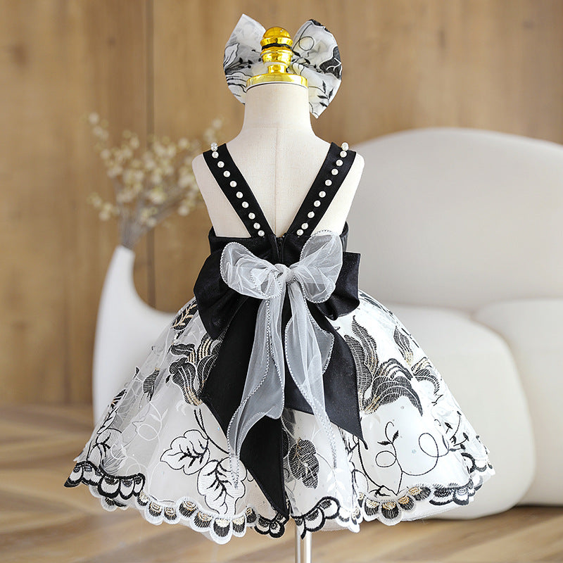 A-Line Black Flower Girl Dress with Sweetheart Neckline, Bow & Sequins