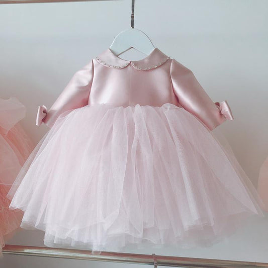 Pink Satin Tulle Bow A-Line Collared Dress for Girls - Special Occasion & Party Wear
