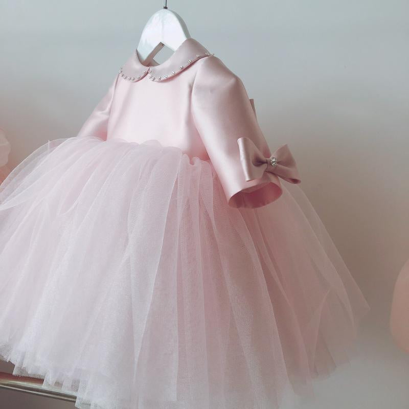 Pink Satin Tulle Bow A-Line Collared Dress for Girls - Special Occasion & Party Wear
