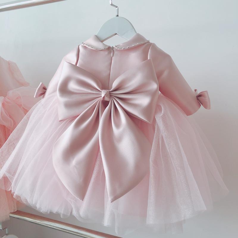 Pink Satin Tulle Bow A-Line Collared Dress for Girls - Special Occasion & Party Wear