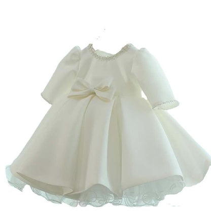 A-Line Flower Girl Dress - Satin Bodice, Organza Skirt, Bow