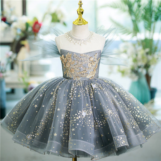 Grey Tulle Star Sequins A-Line Dress for Girls | Special Occasion & Party Wear