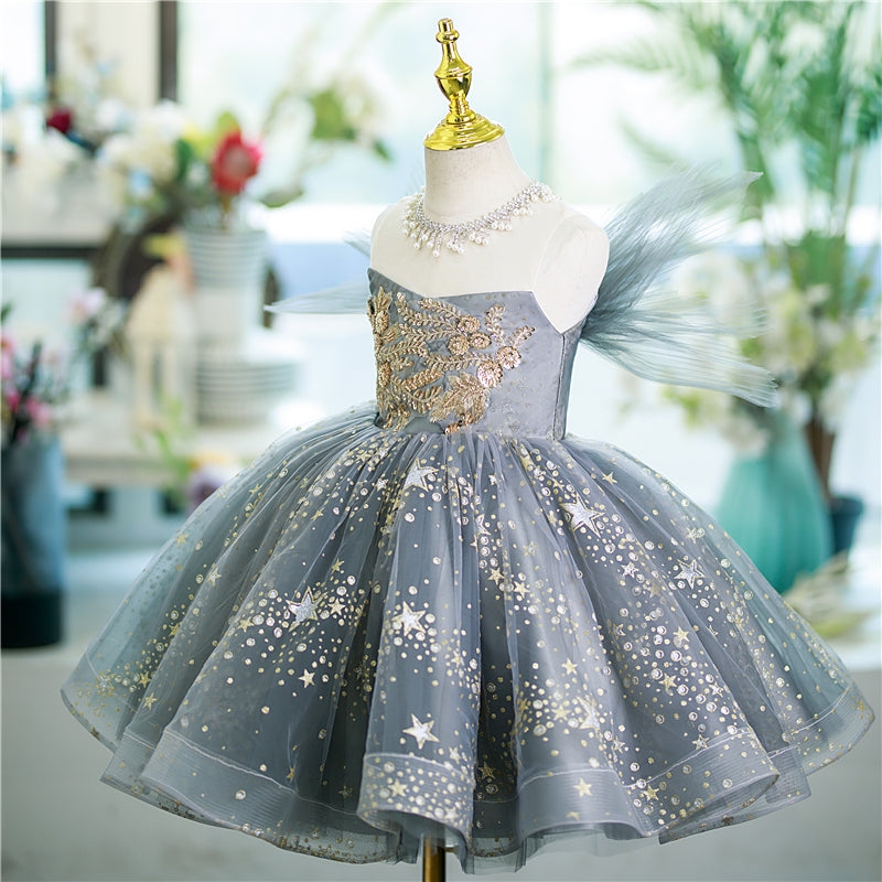 Grey Tulle Star Sequins A-Line Dress for Girls | Special Occasion & Party Wear
