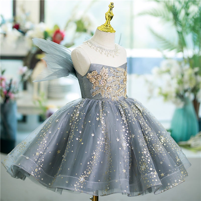 Grey Tulle Star Sequins A-Line Dress for Girls | Special Occasion & Party Wear