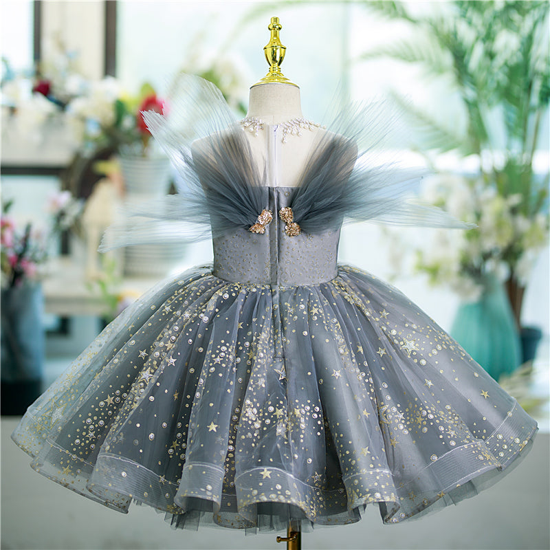 Grey Tulle Star Sequins A-Line Dress for Girls | Special Occasion & Party Wear