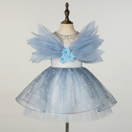 Blue A-Line Illusion Neck Tulle Dress for Flower Girl, Party & Birthday