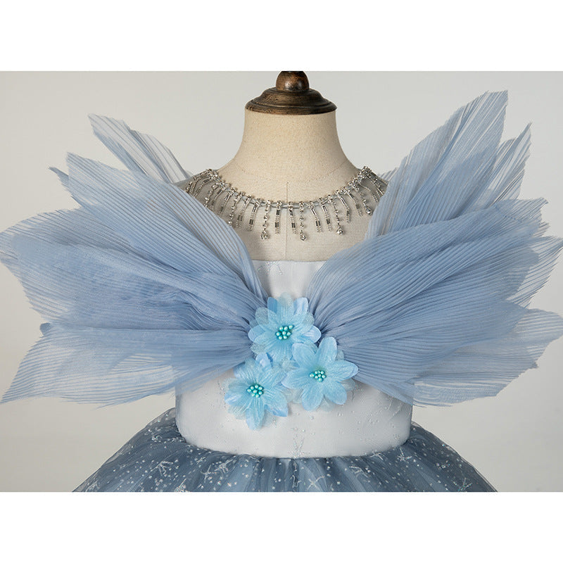 Blue A-Line Illusion Neck Tulle Dress for Flower Girl, Party & Birthday