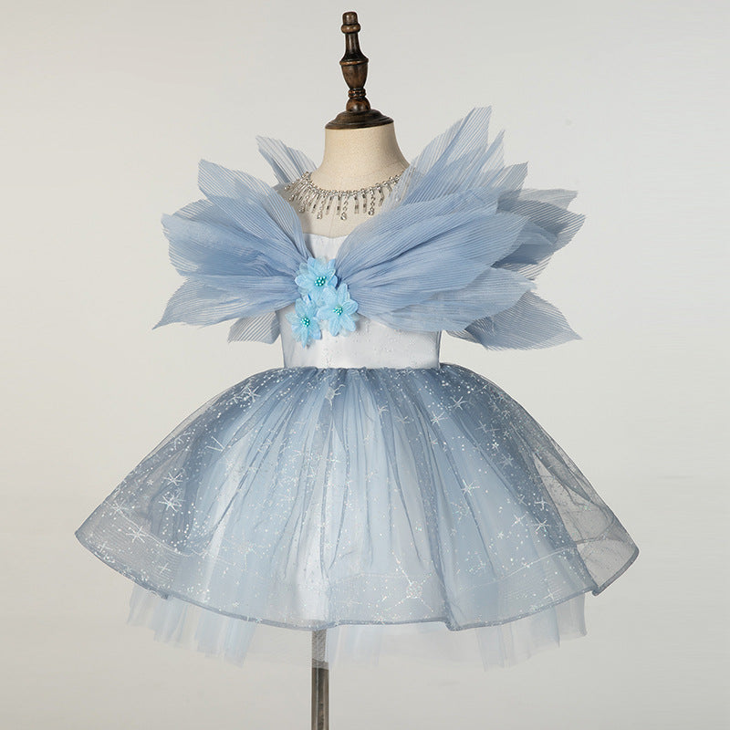 Blue A-Line Illusion Neck Tulle Dress for Flower Girl, Party & Birthday