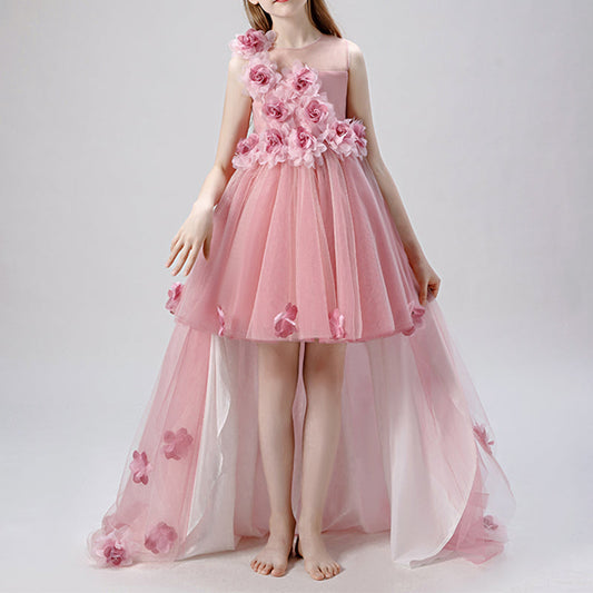 Pink Tulle A-Line Flower Girl Dress with Illusion Neck & Floral Embellishments | Kids’ Special Occasion Gown