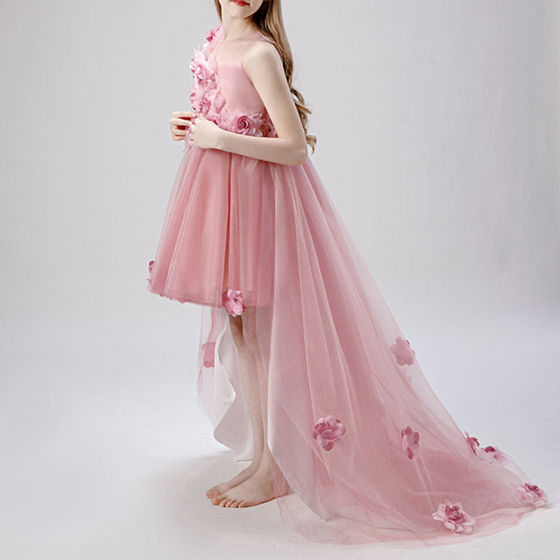 Pink Tulle A-Line Flower Girl Dress with Illusion Neck & Floral Embellishments | Kids’ Special Occasion Gown