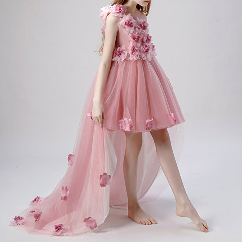 Pink Tulle A-Line Flower Girl Dress with Illusion Neck & Floral Embellishments | Kids’ Special Occasion Gown