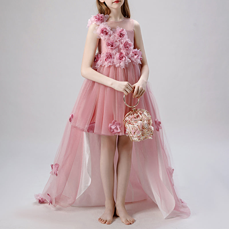 Pink Tulle A-Line Flower Girl Dress with Illusion Neck & Floral Embellishments | Kids’ Special Occasion Gown