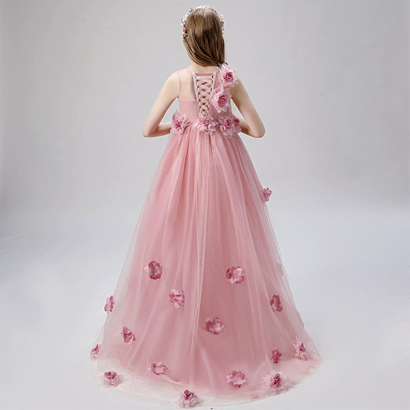 Pink Tulle A-Line Flower Girl Dress with Illusion Neck & Floral Embellishments | Kids’ Special Occasion Gown