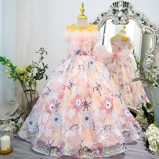 A-line Illusion Neck Sleeveless Pink Sequined Flower Girl Dress | Party & Special Occasion Maxi