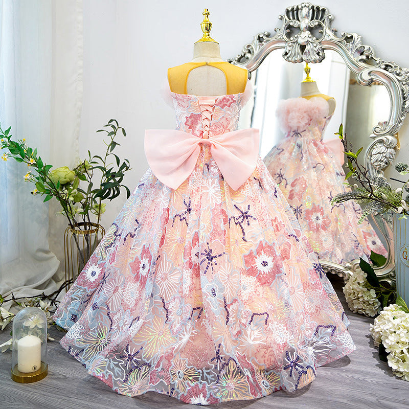 A-line Illusion Neck Sleeveless Pink Sequined Flower Girl Dress | Party & Special Occasion Maxi