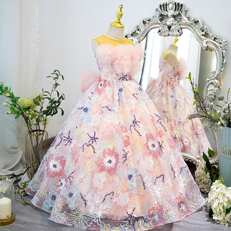 A-line Illusion Neck Sleeveless Pink Sequined Flower Girl Dress | Party & Special Occasion Maxi