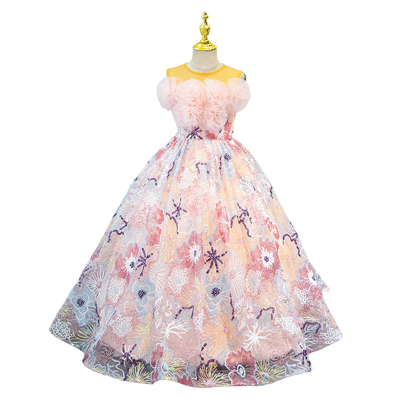 A-line Illusion Neck Sleeveless Pink Sequined Flower Girl Dress | Party & Special Occasion Maxi