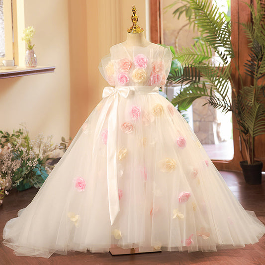 A-Line Illusion Tulle Flower Girl Dress with Train – Elegant White Kids Special Occasion Dress