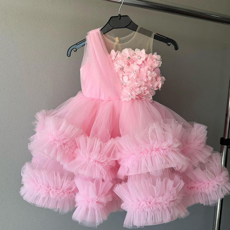 A-Line Tulle Flower Girl Dress – Pink Illusion Sleeveless Party Dress for Kids