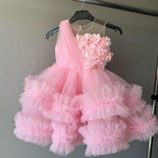 A-Line Tulle Flower Girl Dress – Pink Illusion Sleeveless Party Dress for Kids