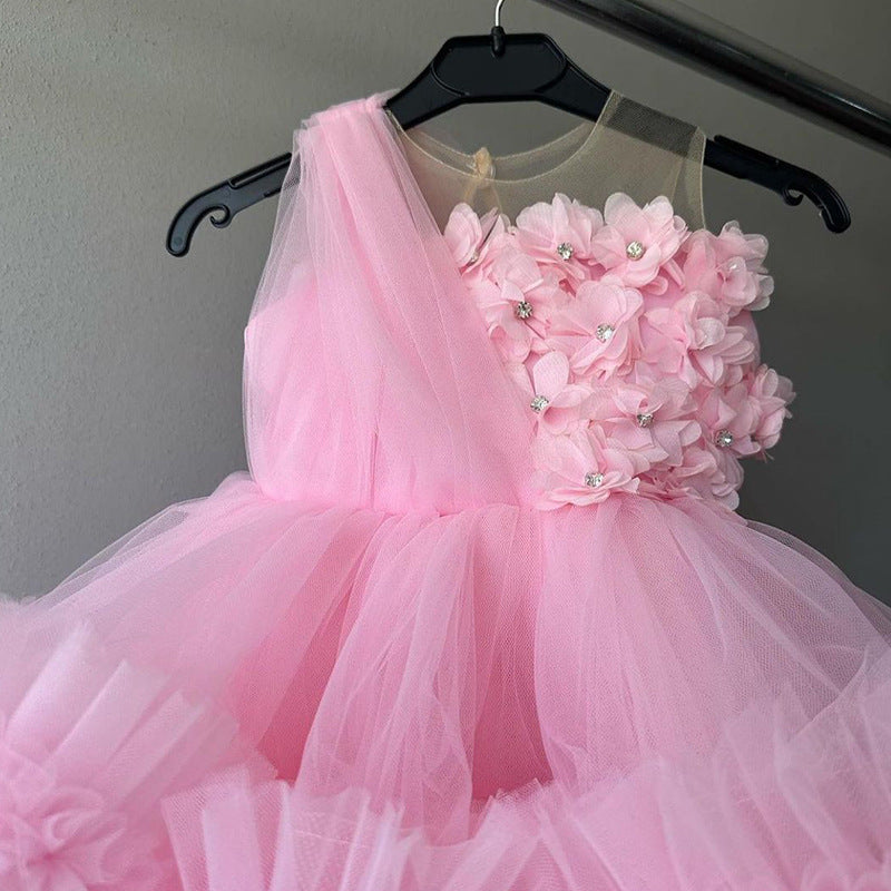 A-Line Tulle Flower Girl Dress – Pink Illusion Sleeveless Party Dress for Kids