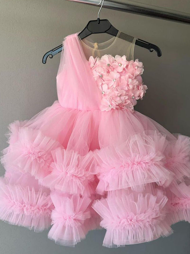 A-Line Tulle Flower Girl Dress – Pink Illusion Sleeveless Party Dress for Kids