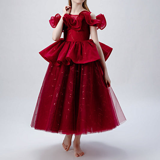 A-Line Illusion Sleeveless Tea Length Tiered Girls Dress - Special Occasion & Party Wear