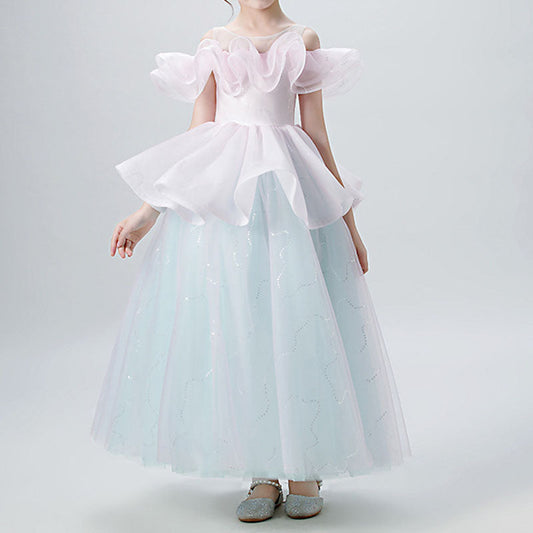 A-Line Illusion Sleeveless Tea Length Tiered Girls Dress - Special Occasion & Party Wear