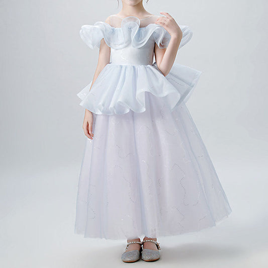 A-Line Illusion Sleeveless Tea Length Tiered Girls Dress - Special Occasion & Party Wear